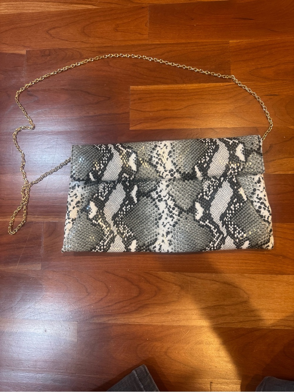 Snake-Print Foldover Clutch with Gold Chain